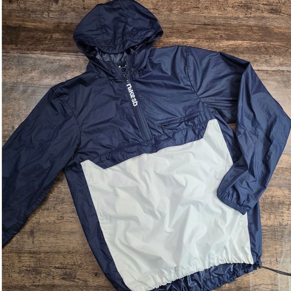 NIKE SB Anorak Windbreaker Small Navy White Half Zip Hooded Pullover 880285-475